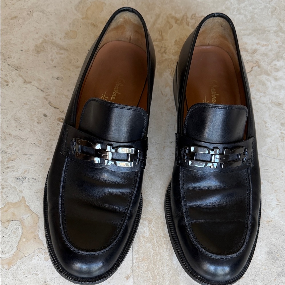 Salvatore Ferragamo Black Leather Men’s Dress Loafers with Graphite Metal Bit